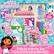 The image features a Gabby's Dollhouse Deluxe Activity Set, which includes a variety of items for children to enjoy. The set contains a 10-sheet activity pad, three glitter posters, six markers, four magic reveal posters, four crayons, a build and display dollhouse, and eight sticker sheets. The set is designed for children aged 3 and up and comes with a warning that small parts may pose a choking hazard. The Deluxe Set is not intended for children under 3 years old.