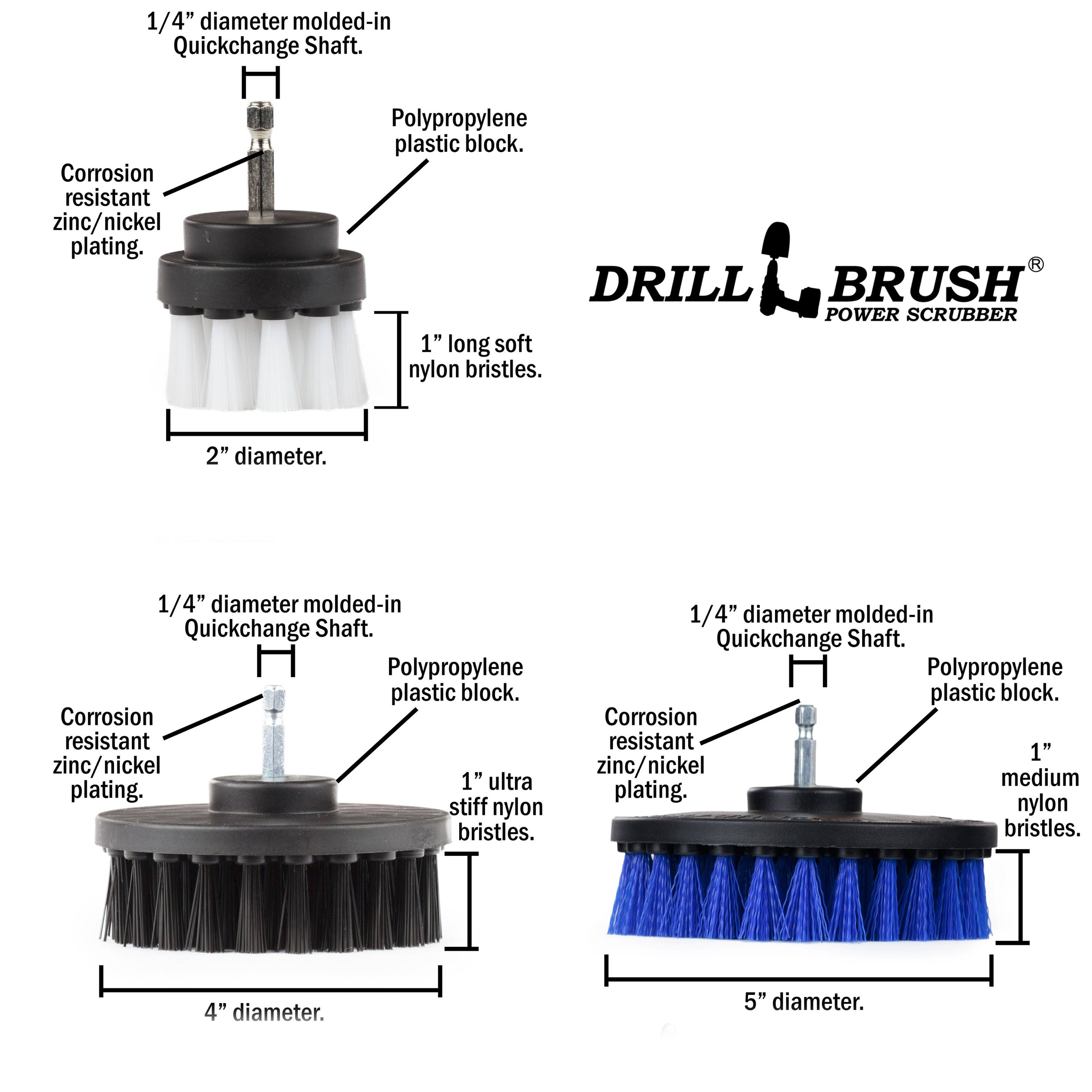 1/4" diameter molded-in Quickchange Shaft. Corrosion resistant zinc/nickel plating. Polypropylene plastic block. DRILL BRUSH POWER SCRUBBER 1" long soft nylon bristles. 2" diameter.
1/4" diameter molded-in Quickchange Shaft. Polypropylene plastic block. Corrosion resistant zinc/nickel plating. 1" ultra stiff nylon bristles. 4" diameter.
1/4" diameter molded-in Quickchange Shaft. Polypropylene plastic block. Corrosion resistant zinc/nickel plating. 1" medium nylon bristles. 5" diameter.