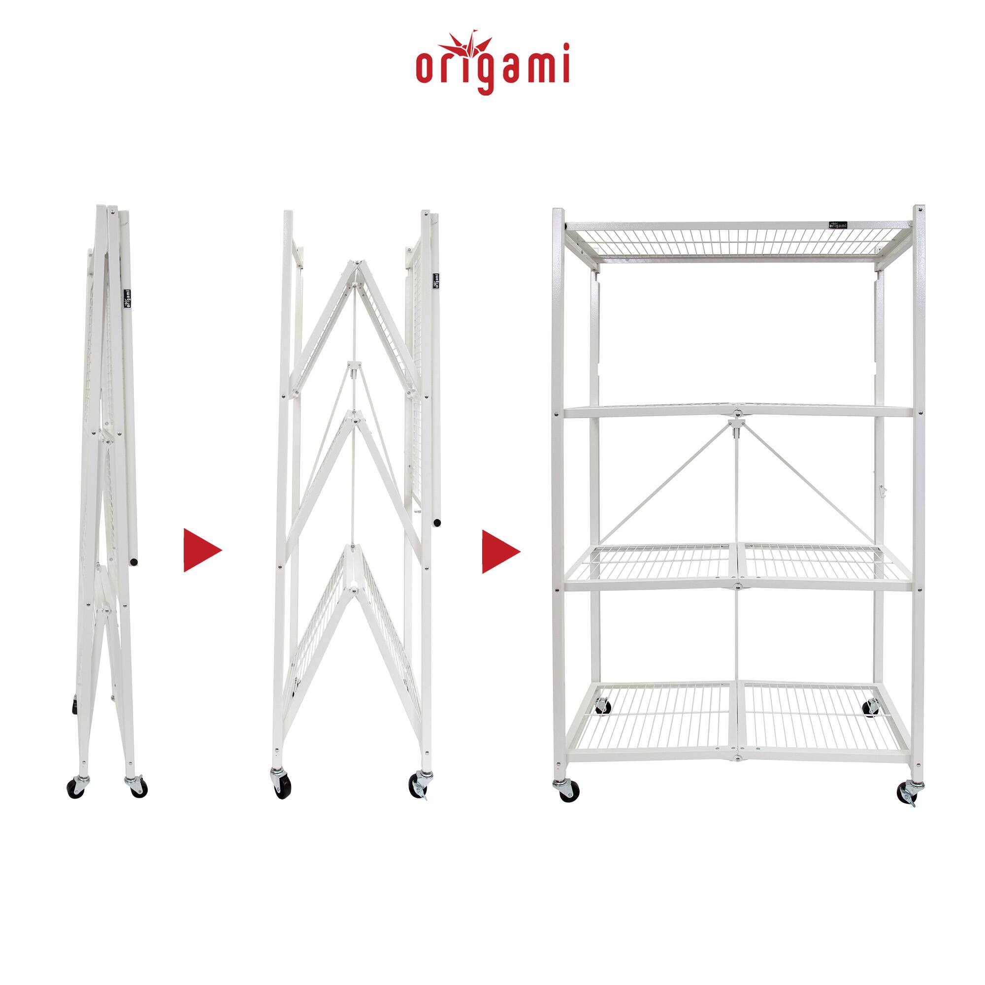 Alt View 2. Origami - Origami Wheeled 4-Shelf Folding Steel Wire Shelving, White (21" x 36" x 60") - White.