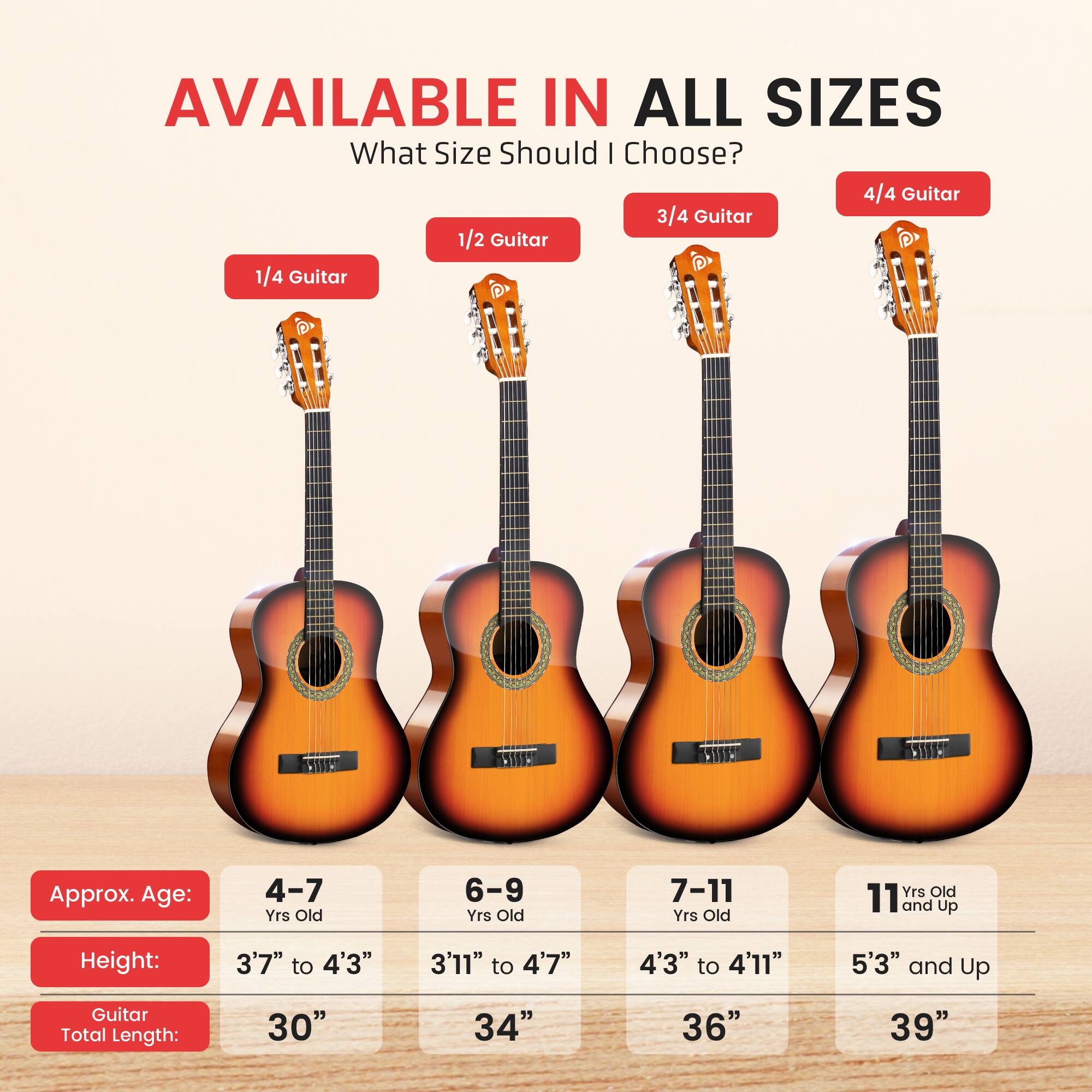 AVAILABLE IN ALL SIZES

What Size Should I Choose?

- 1/4 Guitar
  - Approx. Age: 4-7 Yrs Old
  - Height: 3'7" to 4'3"
  - Guitar Total Length: 30"

- 1/2 Guitar
  - Approx. Age: 6-9 Yrs Old
  - Height: 3'11" to 4'7"
  - Guitar Total Length: 34"

- 3/4 Guitar
  - Approx. Age: 7-11 Yrs Old
  - Height: 4'3" to 4'11"
  - Guitar Total Length: 36"

- 4/4 Guitar
  - Approx. Age: 11 and Up
  - Height: 5'3" and Up
  - Guitar Total Length: 39"