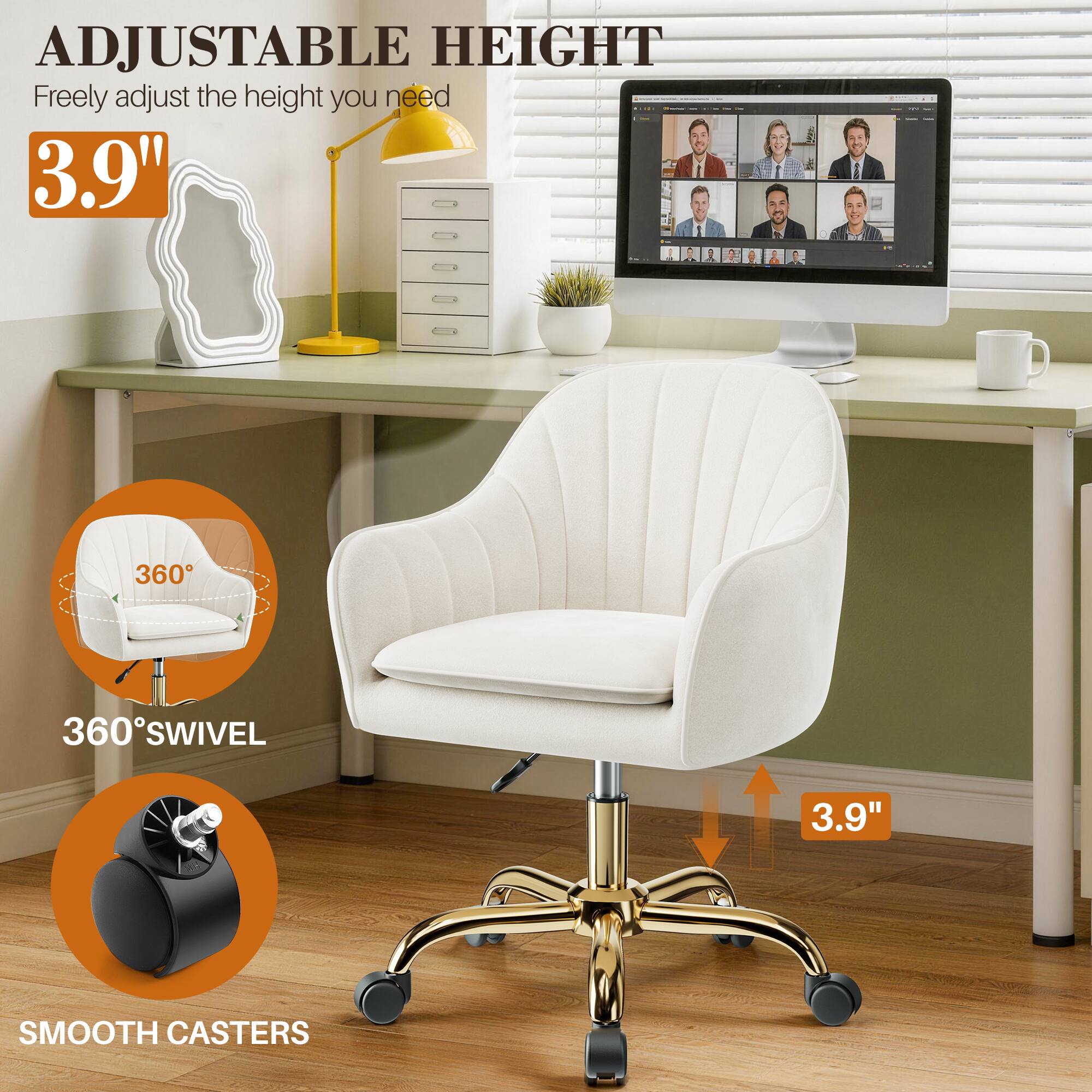 ADJUSTABLE HEIGHT  
Freely adjust the height you need  
3.9"  

360° SWIVEL  

SMOOTH CASTERS