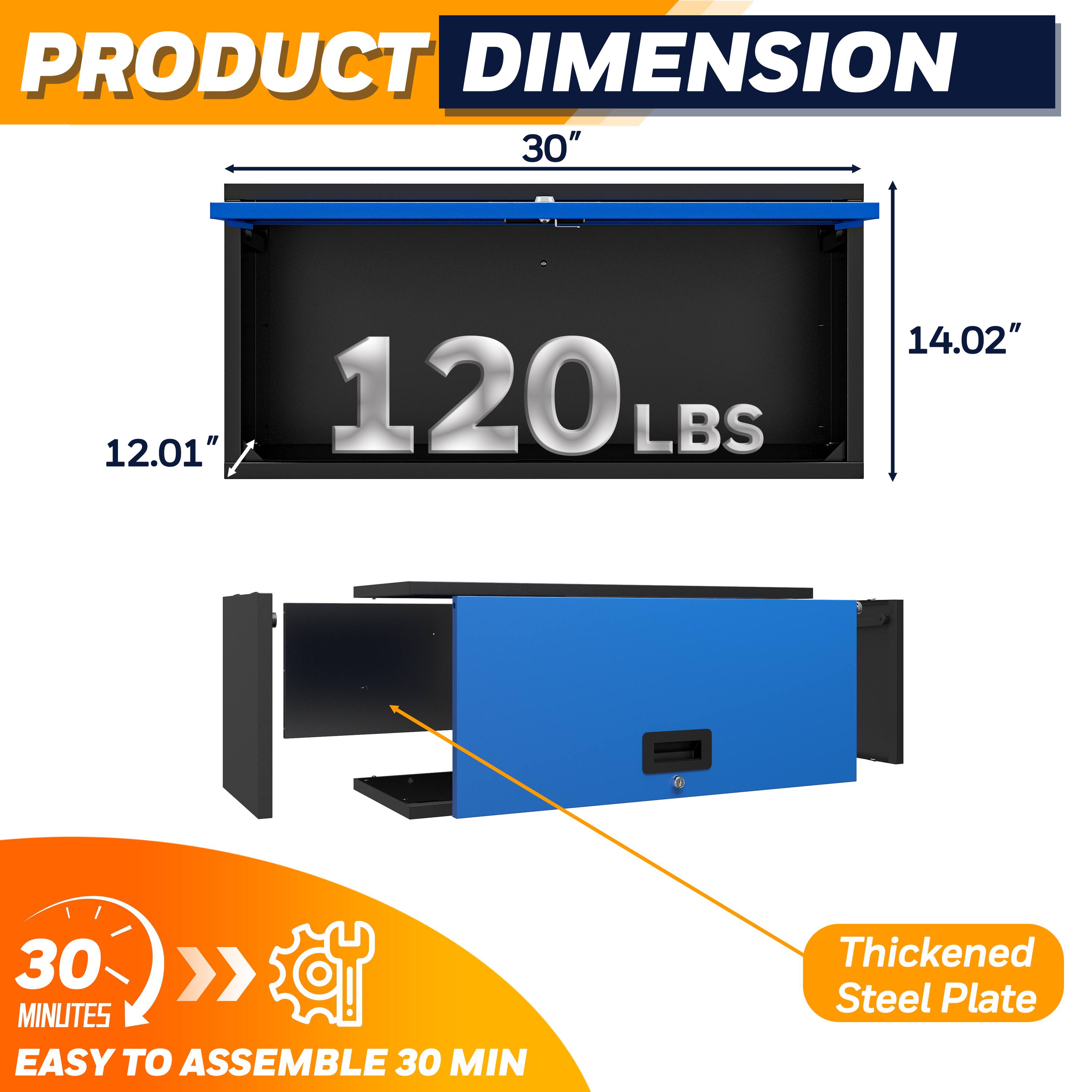 **PRODUCT DIMENSION**

- **30"** (width)
- **12.01"** (depth)
- **14.02"** (height)
- **120 LBS** (weight)

**EASY TO ASSEMBLE 30 MIN**

**Thickened Steel Plate**