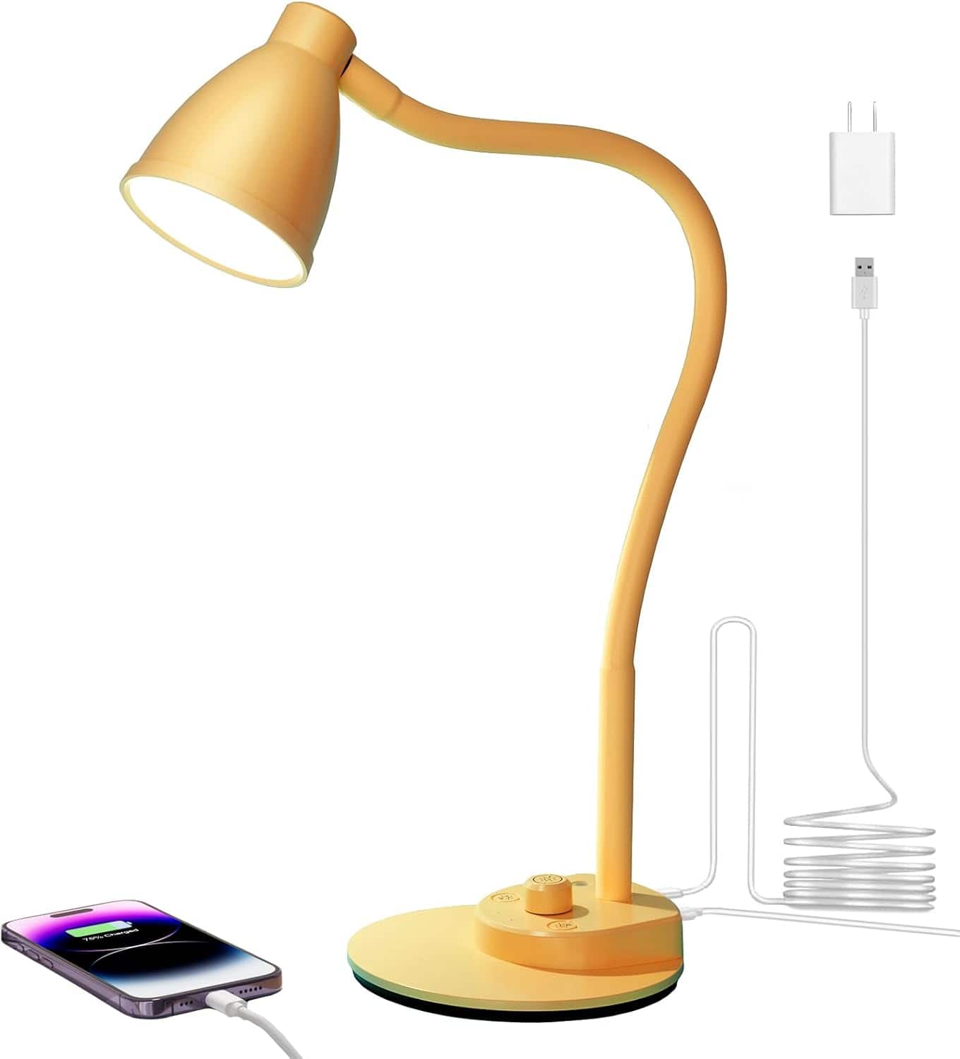 FINEAK - Smart LED Desk Lamp-Auto-Dimming, Eye-Caring, USB Charging Port - Bright Yellow