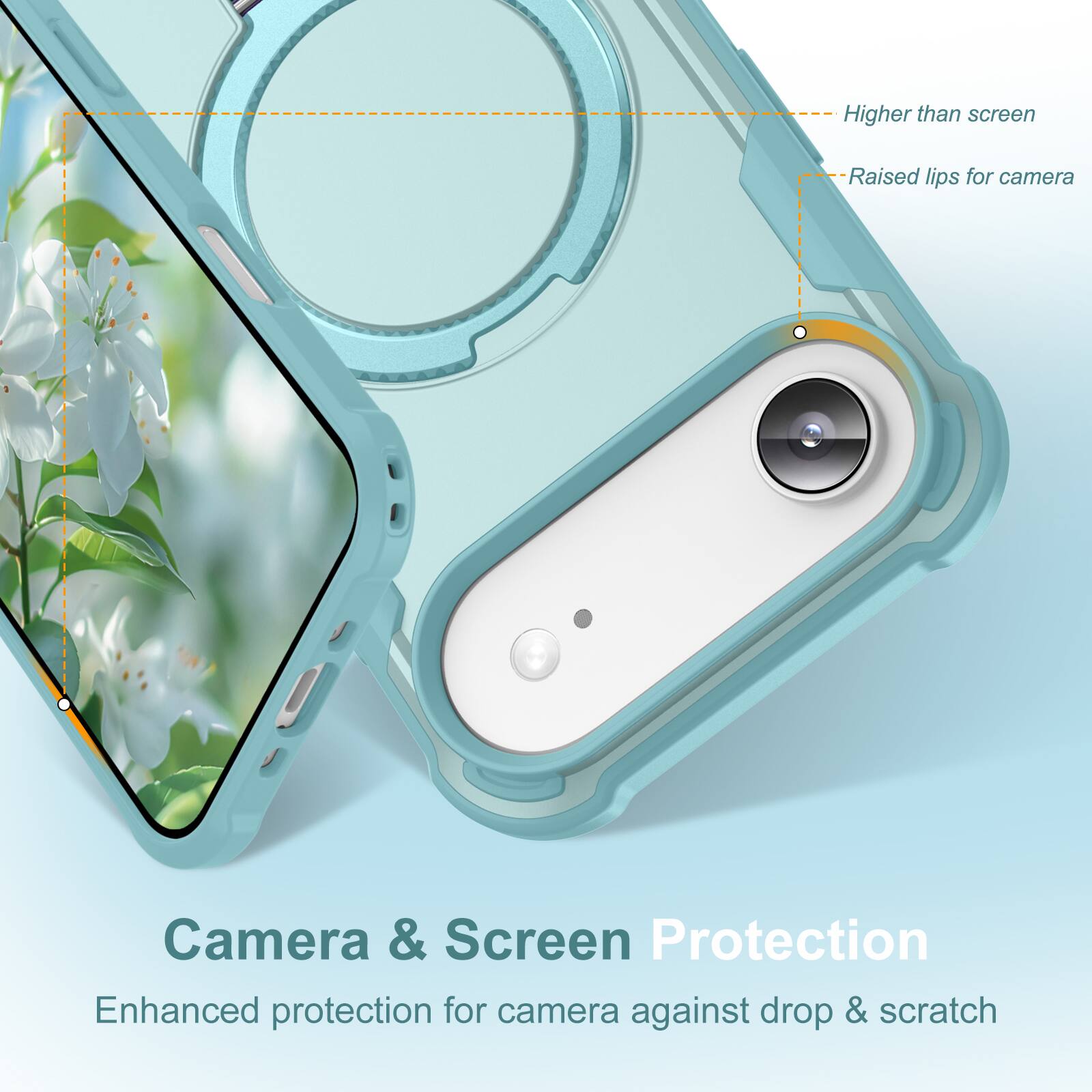 Higher than screen  
Raised lips for camera  
Camera & Screen Protection  
Enhanced protection for camera against drop & scratch