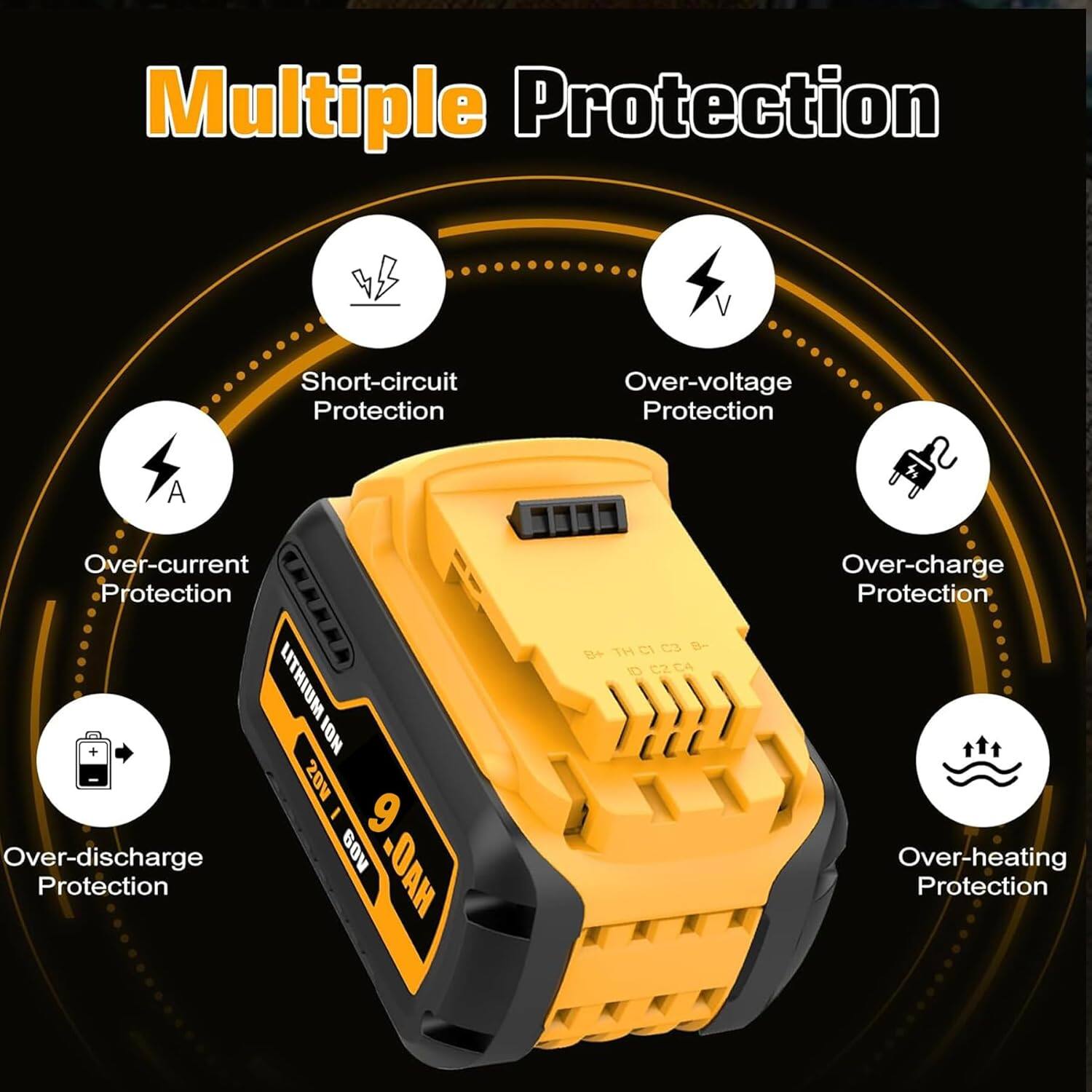 Multiple Protection  
- Short-circuit Protection  
- Over-voltage Protection  
- Over-current Protection  
- Over-charge Protection  
- Over-discharge Protection  
- Over-heating Protection