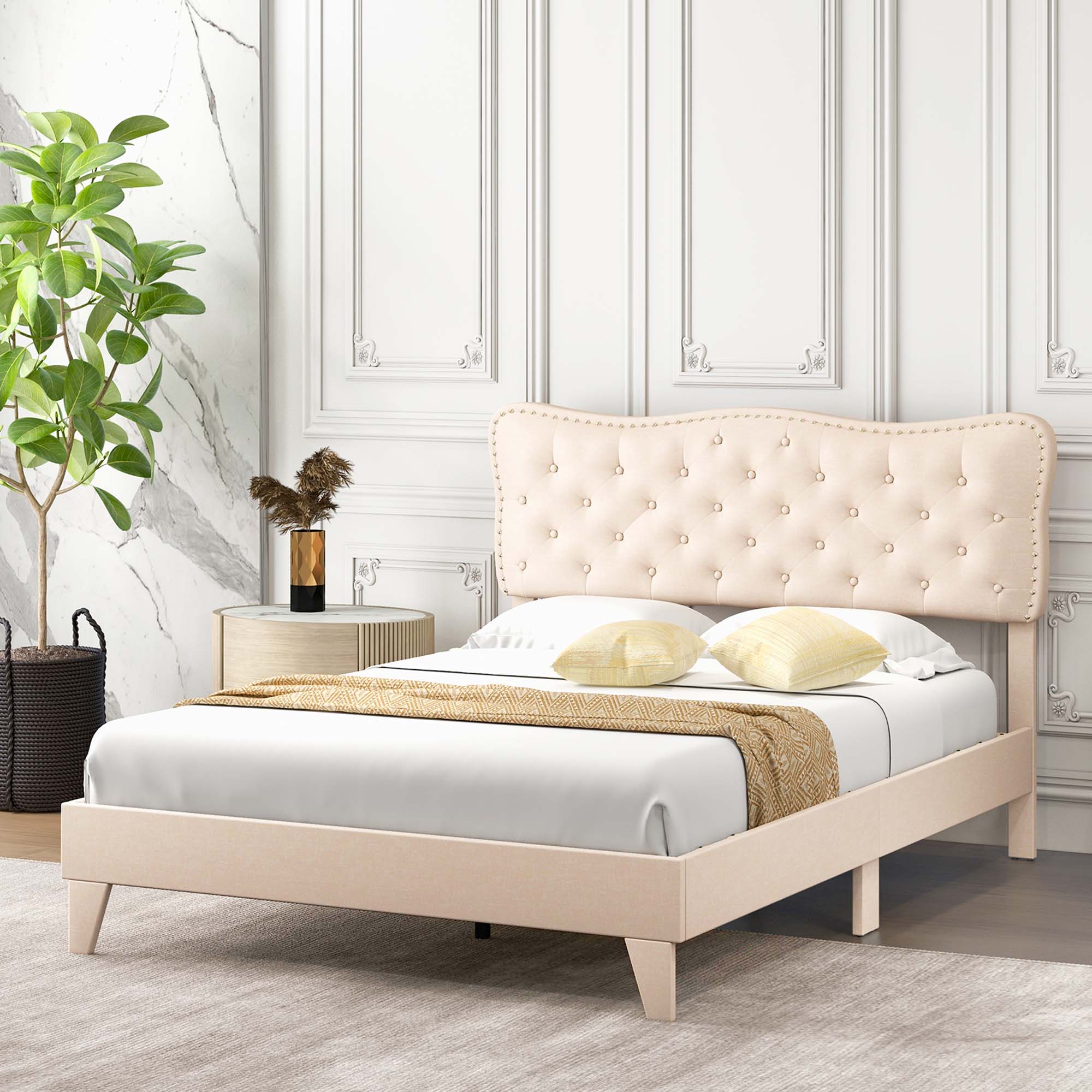 Alt View 1. Costway - Costway Queen Upholstered Platform Bed Frame Button-Tufted Headboard Mattress Foundation - Beige.