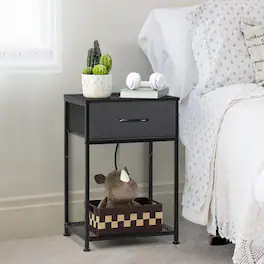 Oumilen - Set of 2 End Tables with Fabric Drawer, Mesh Shelf & Charging Station - Black