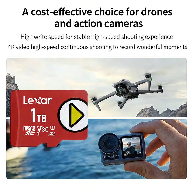 A cost-effective choice for drones and action cameras

High write speed for stable high-speed shooting experience

4K video high-speed continuous shooting to record wonderful moments

Lexar 1TB microSD V30 XC I A2