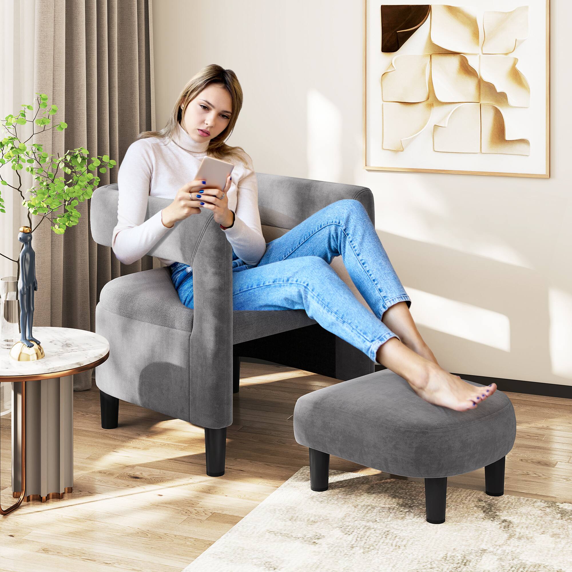 Alt View 8. Costway - Costway Comfy Accent Armchair with Footrest Upholstered Velvet Barrel Chair & Ottoman Set - Dark Gray.