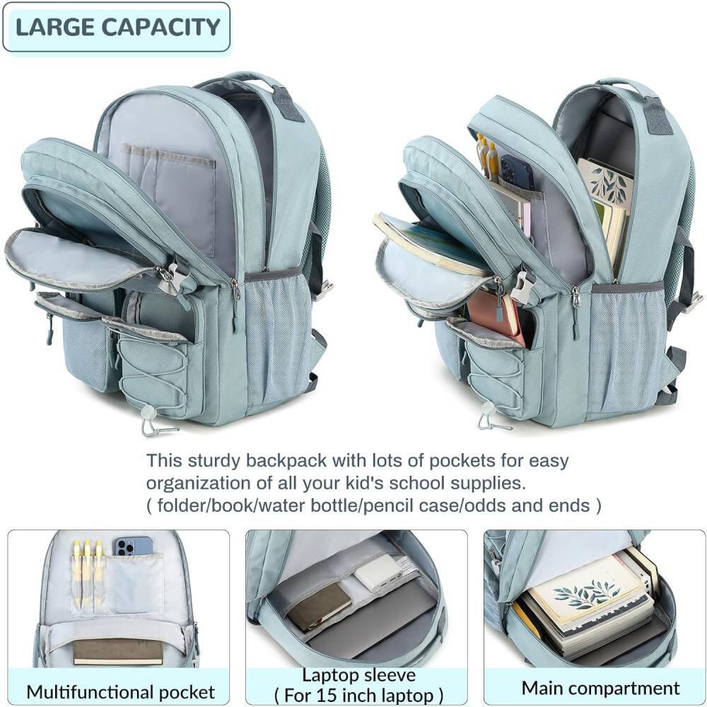 LARGE CAPACITY

This sturdy backpack with lots of pockets for easy organization of all your kid's school supplies. (folder/book/water bottle/pencil case/odds and ends)

Multifunctional pocket

Laptop sleeve (For 15 inch laptop)

Main compartment