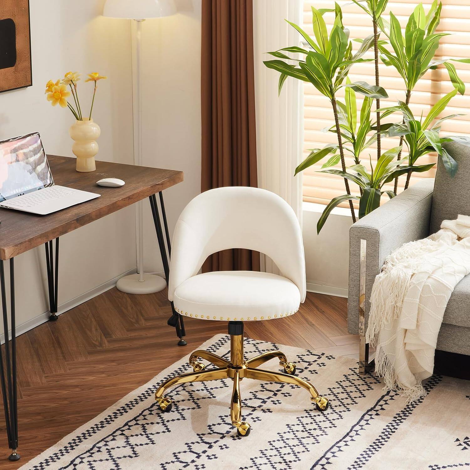 Alt View 8. Winado - Modern Velvet Cute Desk Chair with Wheels,Gold Base/Studs, Comfy Armless Swivel Vanity Task Nail Tech Chair for Bedroom - White.