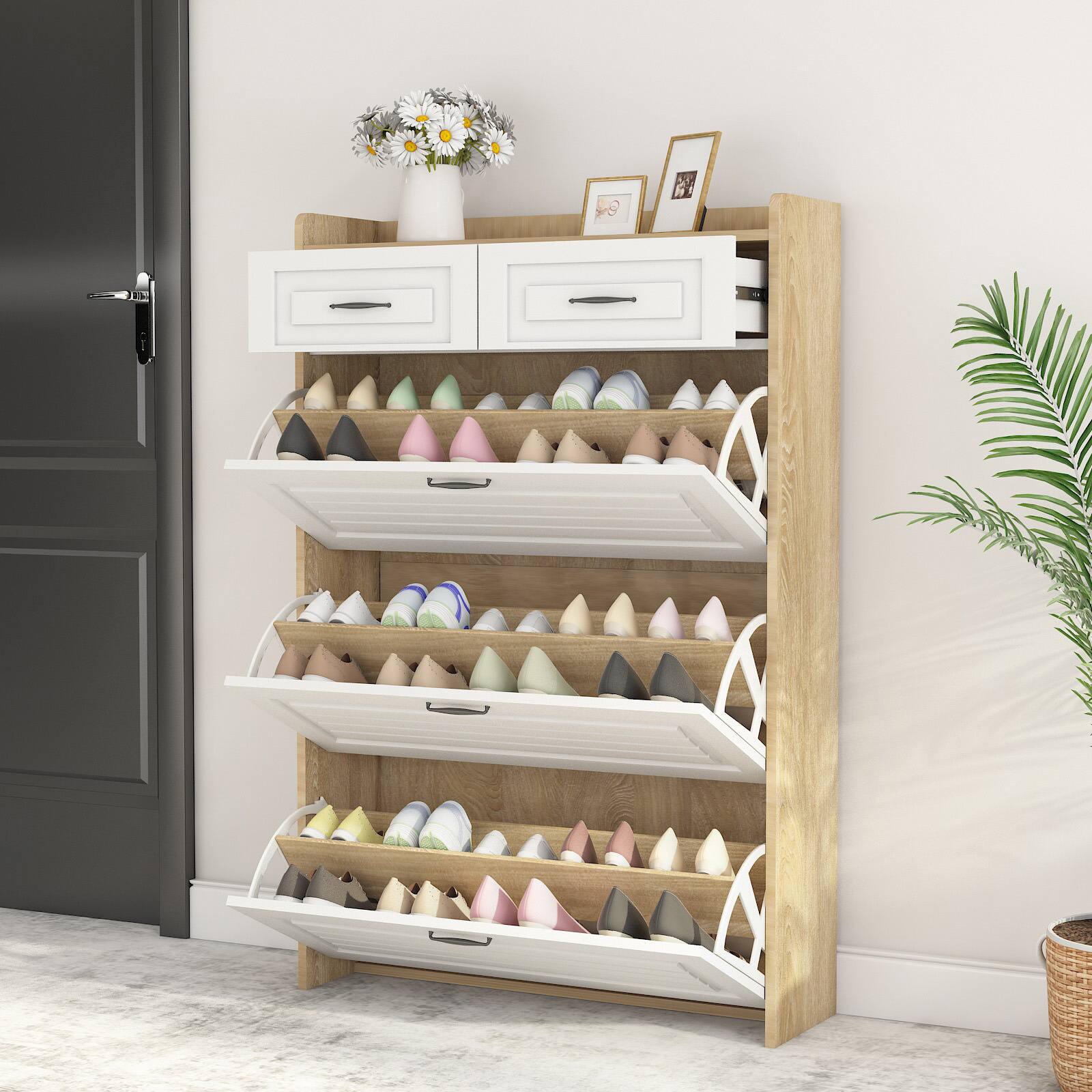 Back. Spaco - Spaco 3 Layer Rotating Shoe Cabinet with 2 Drawers, Modern Space Saving Shoe Storage Organizer for Entryway and Bedroom - White.