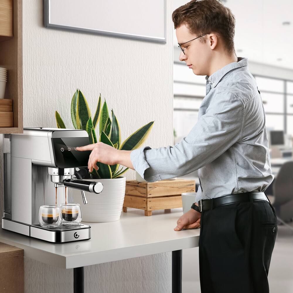 Alt View 9. AMZCHEF - Espresso Machine with 20 Bar Pump 1.2L Water Tank 1 Shot and 2 Shot Brewing 1350W Coffee Maker for Cappuccino and Latte - Silver.