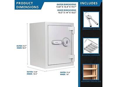 PRODUCT DIMENSIONS
OUTER DIMENSIONS: 13.8" x 15.4" x 19.7"
INNER DIMENSIONS: 10.5" x 14" x 18.5"

EMERGENCY KEYS (X2)
OUTER: 19.7"
INNER: 18.5"

MOUNTING HARDWARE
OUTER: 13.8"
INNER: 10.5"

OUTER: 15.4"
INNER: 14"

ADJUSTABLE SHELVES (X2)
