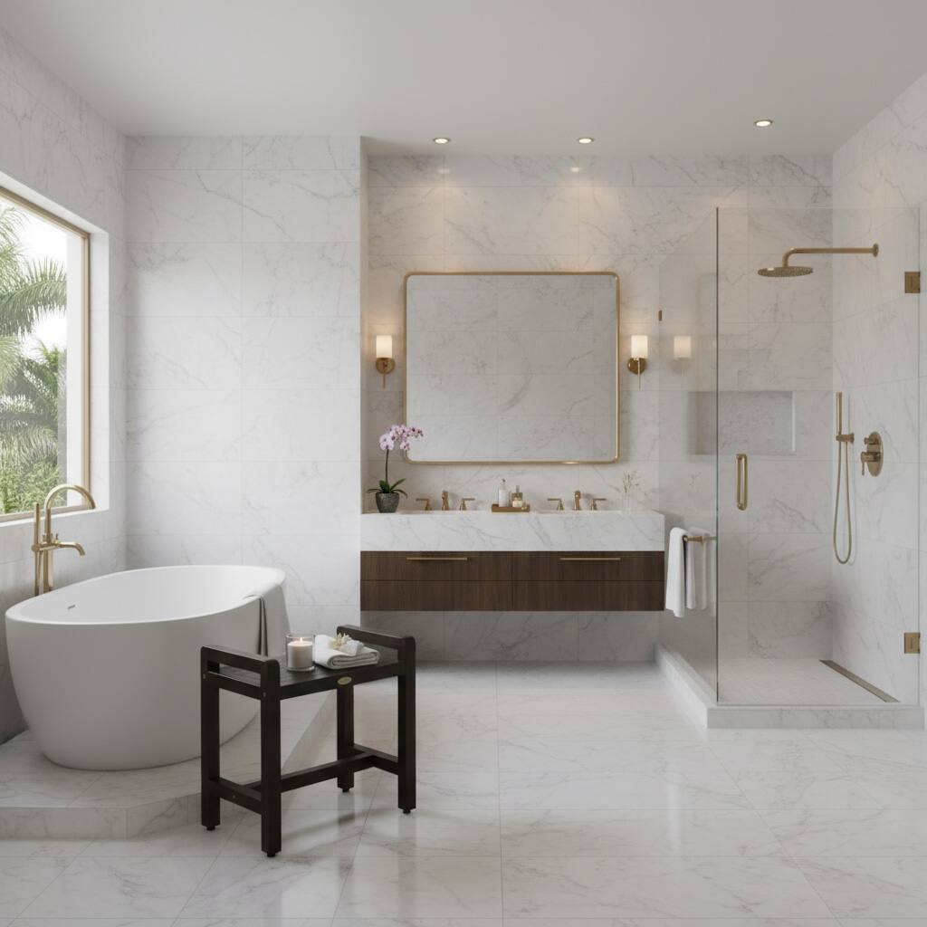 Angle. DecoTeak - DecoTeak Eleganto 20" Teak Wood Shower Bench with LiftAide Arms in Woodland Brown Finish - Woodland Brown.