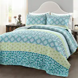 Hivvago - Full/Queen Cotton 3 Piece Reversible Blue White Green Floral Damask Quilt Set - Blue, White, Green