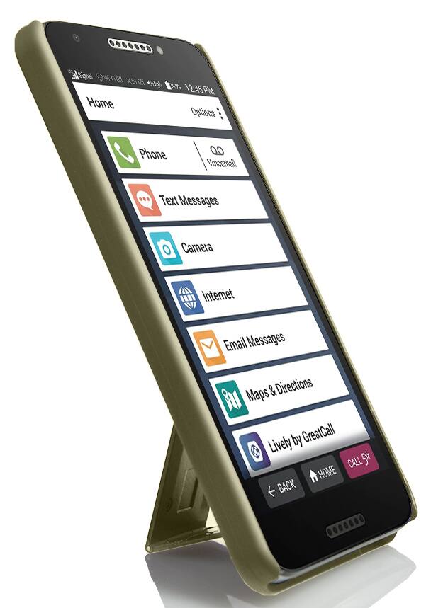 iSignal W-FioH ETO H 100% 12:45PM Home Options Phone Voicemail Text Messages Camera Internet Email Messages Maps & Directions by GreatCall Lively CALL 5* HOME BACK