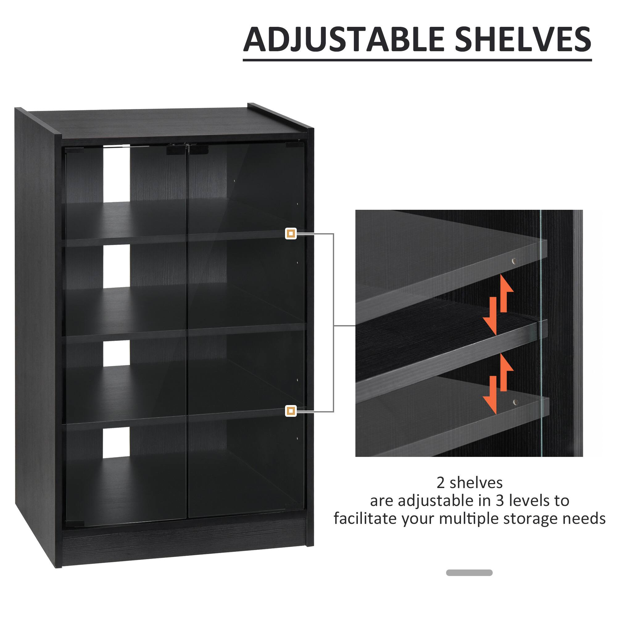 ADJUSTABLE SHELVES. 2 shelves are adjustable in 3 levels to facilitate your multiple storage needs.