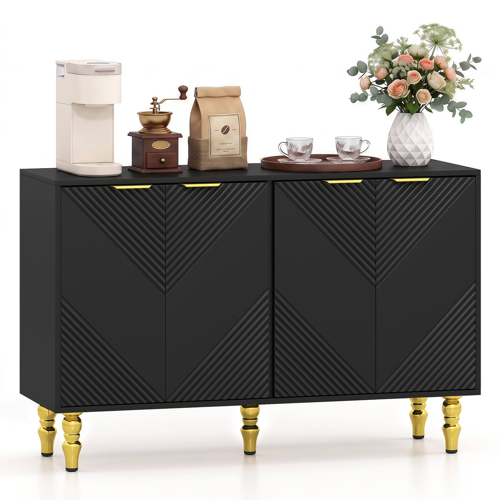 Alt View 1. Costway - Costway 47" Sideboard Buffet Cabinet Coffee Bar Storage with 4 Chevron Fluted Doors - Black.