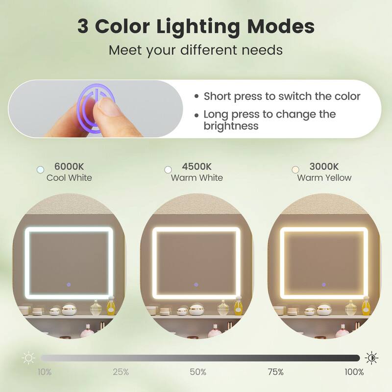 3 Color Lighting Modes  
Meet your different needs  

- Short press to switch the color  
- Long press to change the brightness  

6000K Cool White  
4500K Warm White  
3000K Warm Yellow  

10%  
25%  
50%  
75%  
100%