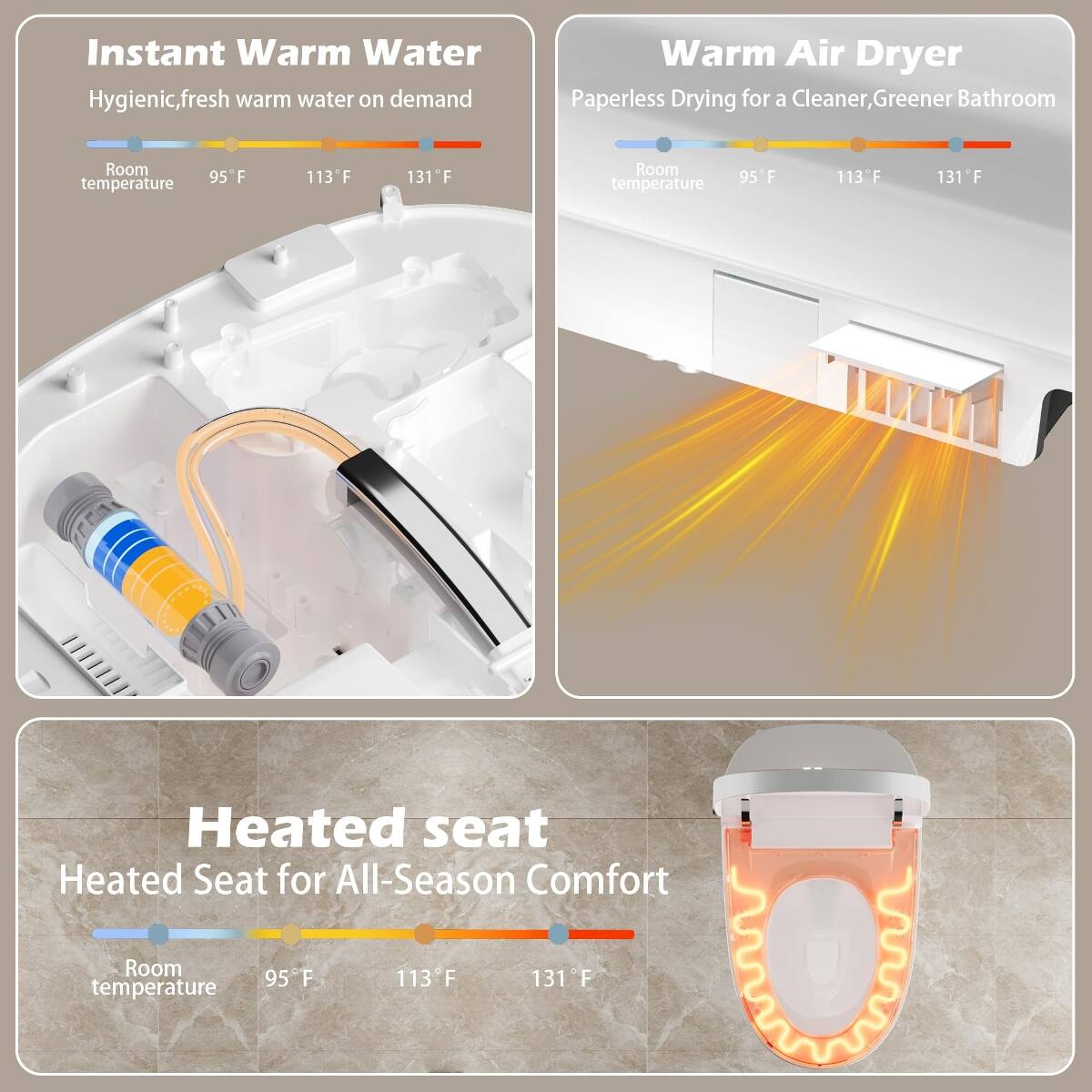 Instant Warm Water  
Hygienic, fresh warm water on demand

Warm Air Dryer  
Paperless Drying for a Cleaner, Greener Bathroom

Heated Seat  
Heated Seat for All-Season Comfort