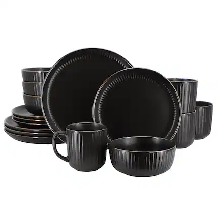 Front. Elama - Elama Leo 16 Piece Stoneware Dinnerware Set In Black - Black.