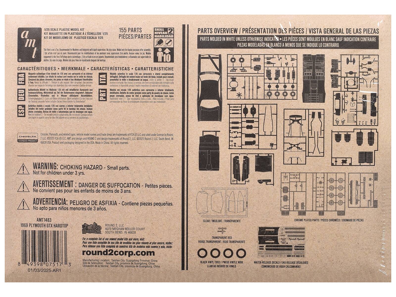 Sure, here is the corrected and grouped text from the image:

---

**SCALE PLASTIC MODEL 1/25**

**KIT MAQUETTE EN PLASTIQUE À L'ÉCHELLE 1/25**

**KIT DE MODELISMO DE PLÁSTICO ESCALA 1/25**

**155 PARTS / PIECES / PARTES**

**SKILL LEVEL 2 / NIVEL DE HABILIDAD 2**

**CARACTÉRISTIQUES / MERKMALE / CARACTERÍSTICAS / CARATTERISTICHE**

- This is a 1/25 scale plastic model kit. Recommended for hobbyists and hobbyists with adult supervision. Not for children under 3 years.
- Ce kit est à l'échelle 1/25. Recommandé pour les amateurs et les hobbyistes avec une supervision d'adulte. Ne convient pas pour les enfants de moins de 3 ans.
- Este es un kit de modelo de plástico a escala 1/25. Recomendado para aficionados y hobbyistas con supervisión de adultos. No apto para niños menores de 3 años.

**