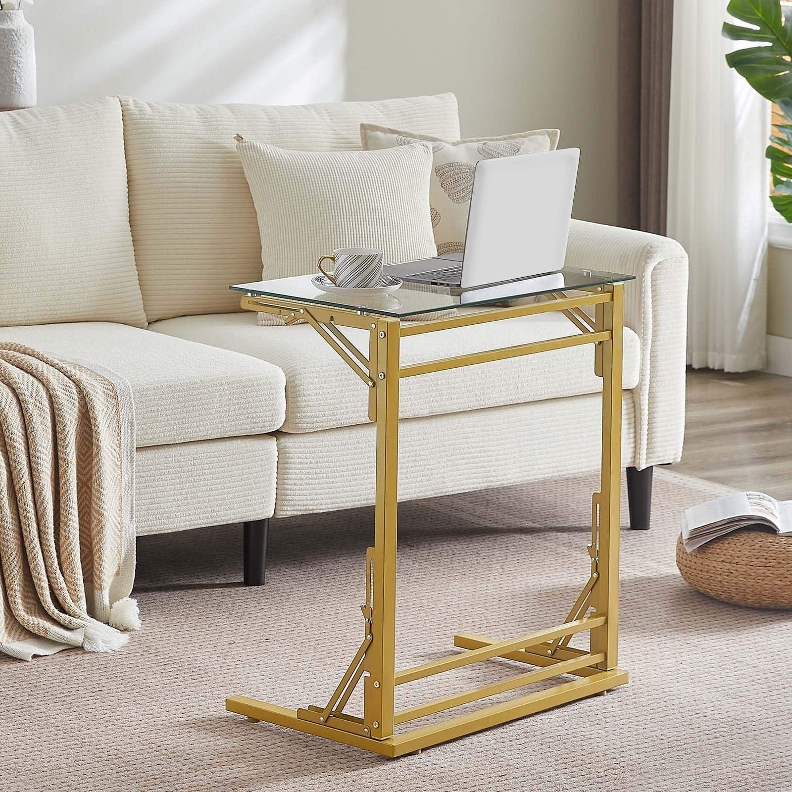 Fabibe - 24" Folding C Shaped End Table Small Tempered Glass Side For Couch Or Bed Foldable Tv Tray Laptop Desk With - Clear+gold