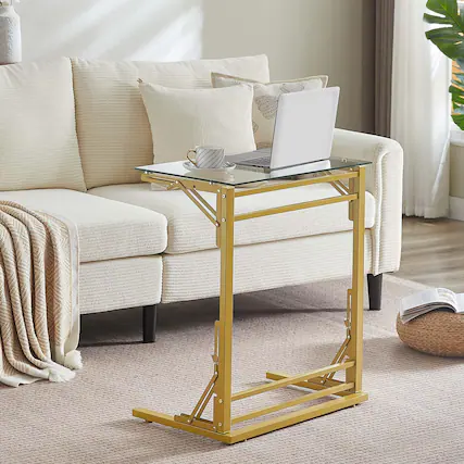 Front. Fabibe - 24" Folding C Shaped End Table Small Tempered Glass Side For Couch Or Bed Foldable Tv Tray Laptop Desk With - Clear+gold.