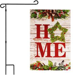 G128 - Combo Pack: 36 x 16 in Garden Flag Stand and 12 x 18 in Double-Sided Blockout Garden Flag - Wreath on Rustic Wood - Assorted Colors
