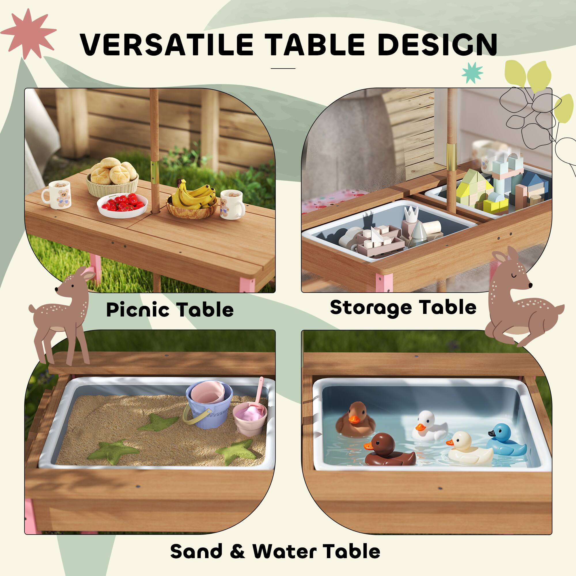 VERSATILE TABLE DESIGN

- Picnic Table
- Storage Table
- Sand & Water Table
