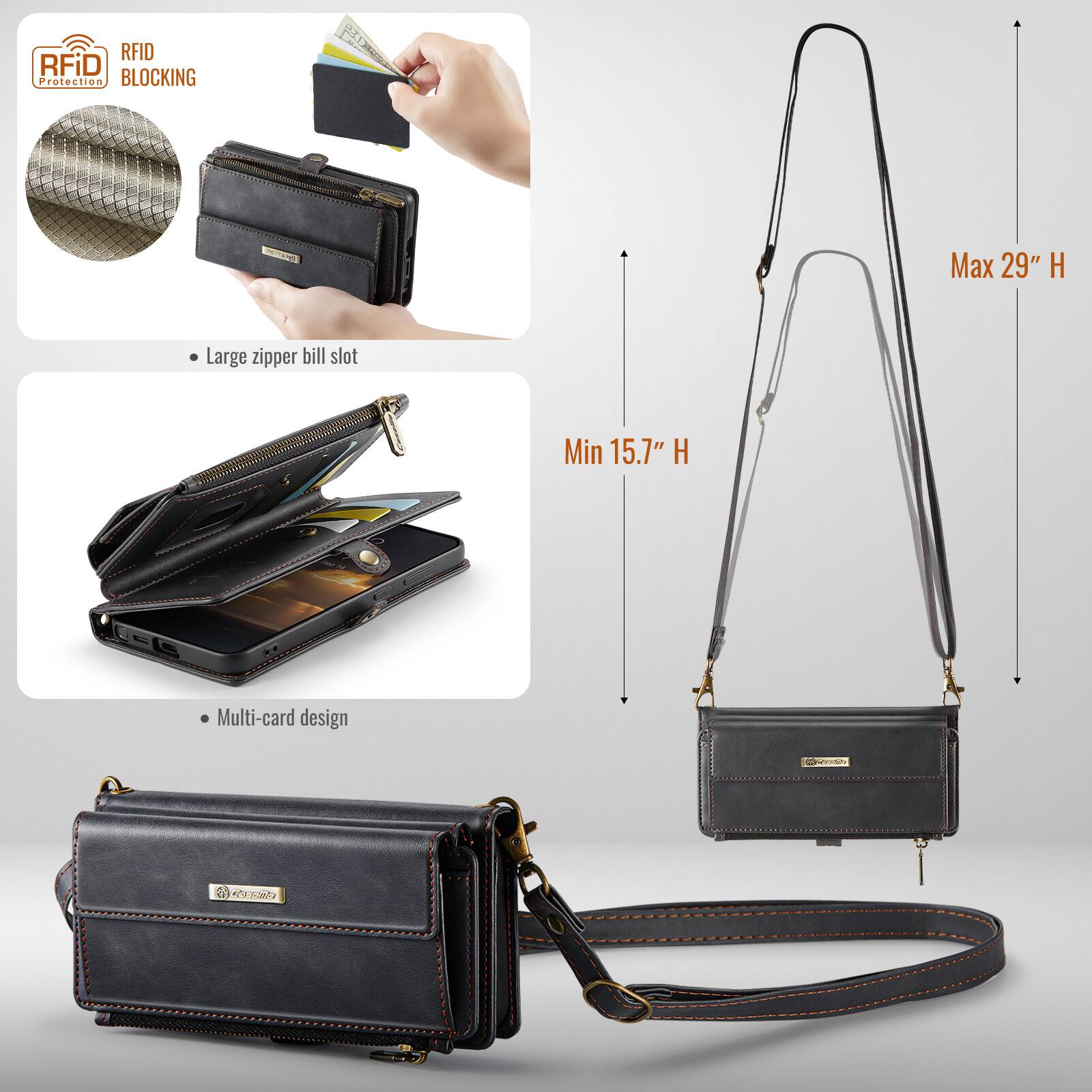 RFID Protection BLOCKING

- Large zipper bill slot
- Multi-card design

Max 29" H
Min 15.7" H