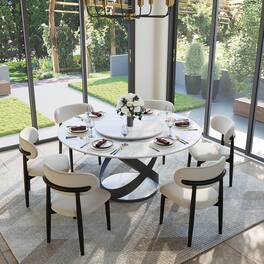 POVISON - 59" Modern Glossy Dining Table for 6 with Lazy Susan, White Round Sintered Stone Tabletop with Black X Carbon Steel Base - White Glossy Sintered Stone with Black