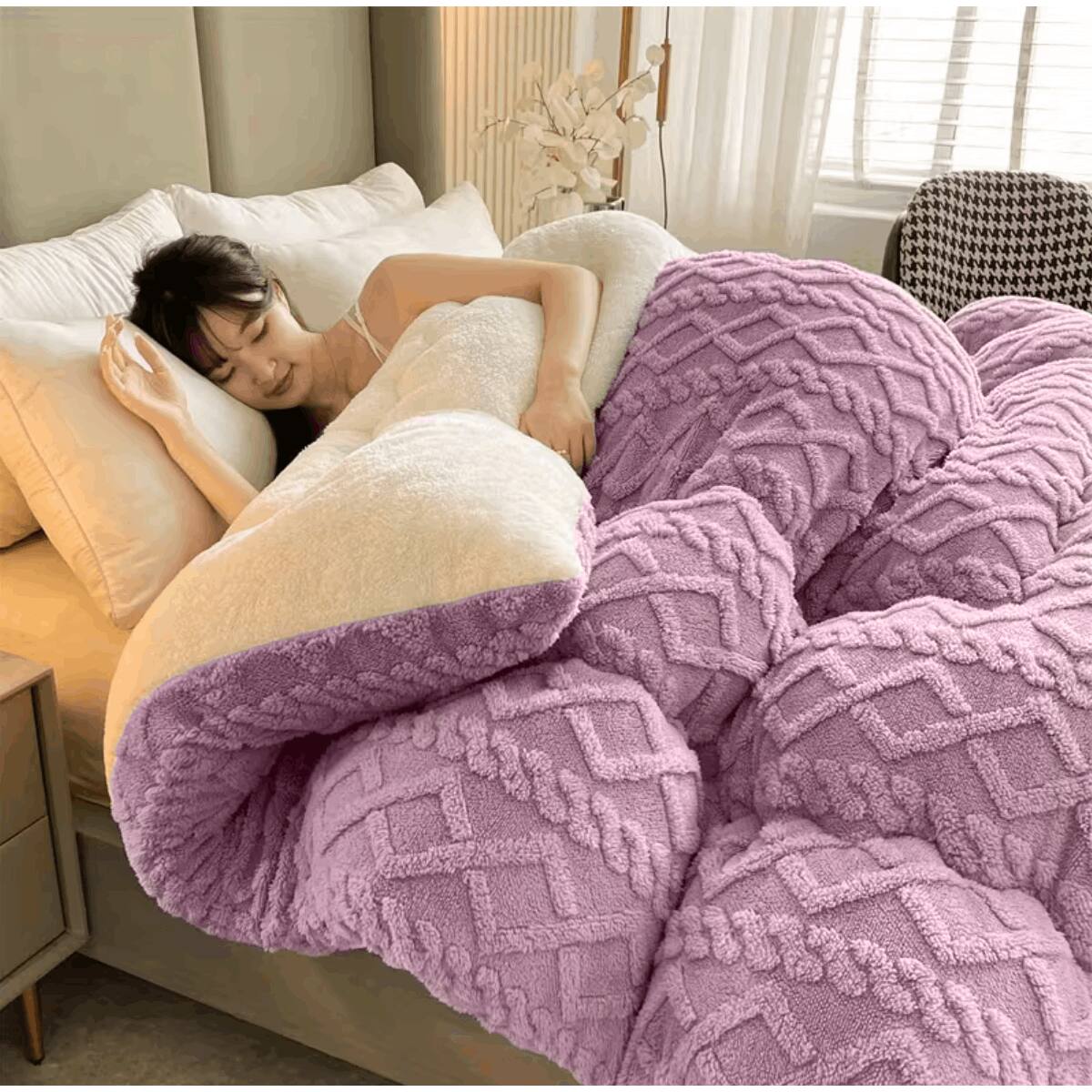 Left. WG - 1pc Double-Sided Plush Fleece & Sheepskin Comforter - Warm, Soft,  Winter Bedding with Geometric Pattern - Purple.