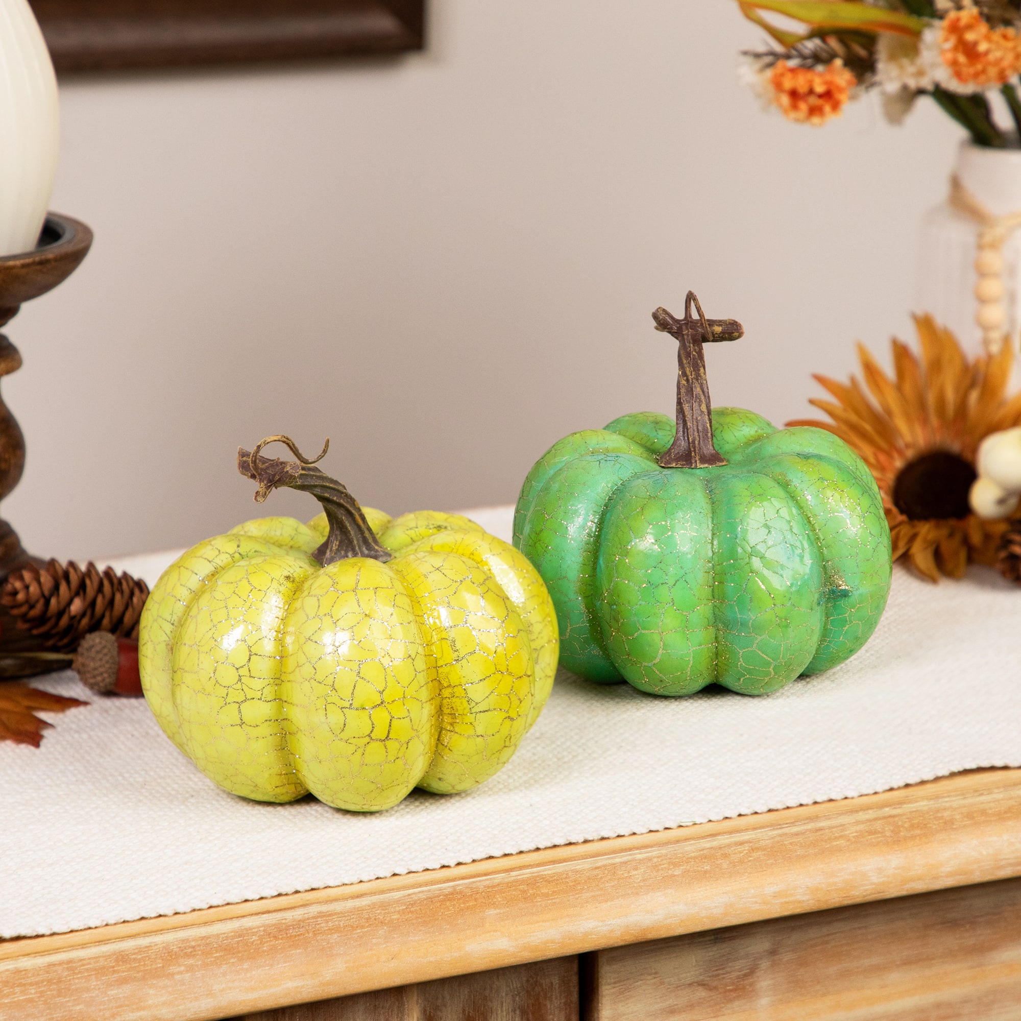 Northlight - Crackle Finish Fall Harvest Pumpkin Decorations - 5" - and Gold - Set of 2 - Green