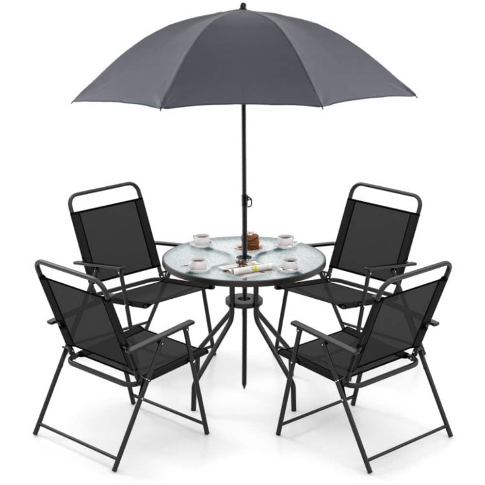 Mondawe - 6 Pieces Patio Dining Set Folding Chairs Glass Table Tilt Umbrella for Garden - Gray