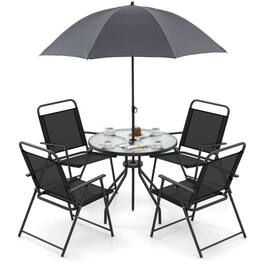 Mondawe - 6 Pieces Patio Dining Set Folding Chairs Glass Table Tilt Umbrella for Garden - Gray