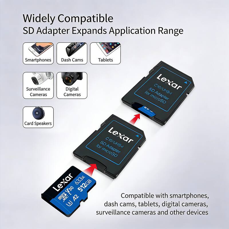 Widely Compatible SD Adapter Expands Application Range

Smartphones Dash Cams Surveillance Digital Cameras Cameras Tablets SD C10/UHS-I Lexar for Adapter Card Speakers SD C10/UHS-I Lexar for Adapter microSD Lexar 633x 512GB V30 I with A2

Compatible with smartphones, dash cams, tablets, digital cameras, surveillance cameras and other devices
