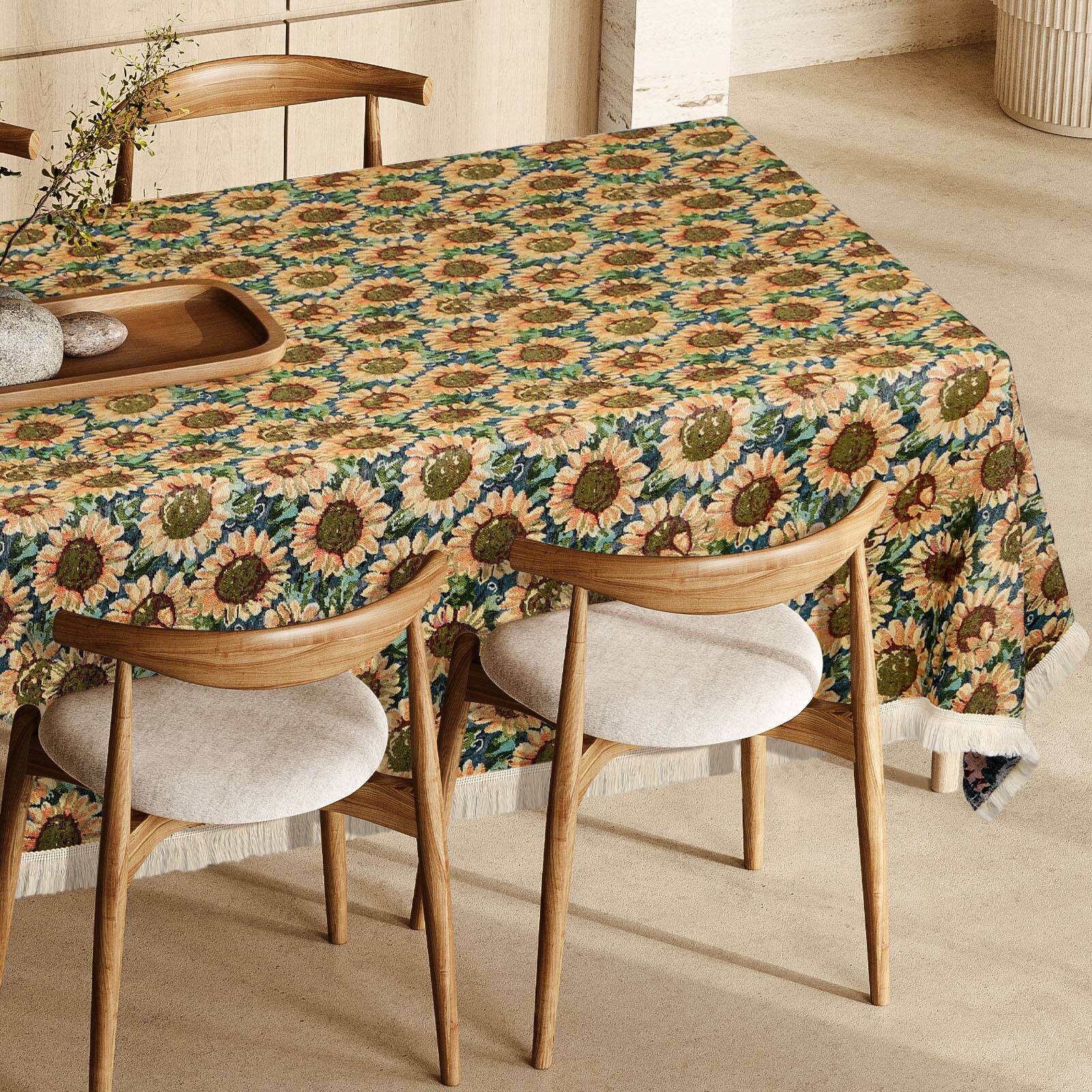 Alt View 2. Oumilen - 59x118in Rectangle Sunflower Tablecloth with White Fringe – Farmhouse Floral Print for Kitchen Party Decor - Multicolor.