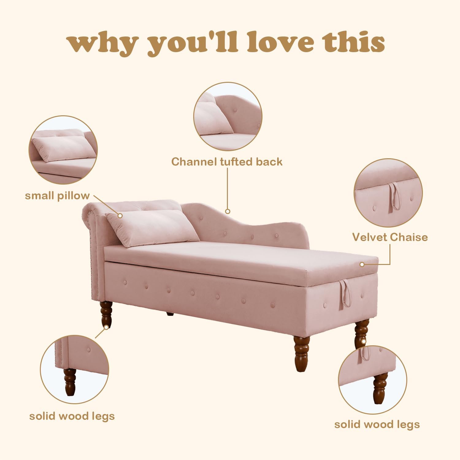 why you'll love this  
- Channel tufted back  
- small pillow  
- Velvet Chaise  
- solid wood legs  
- solid wood legs