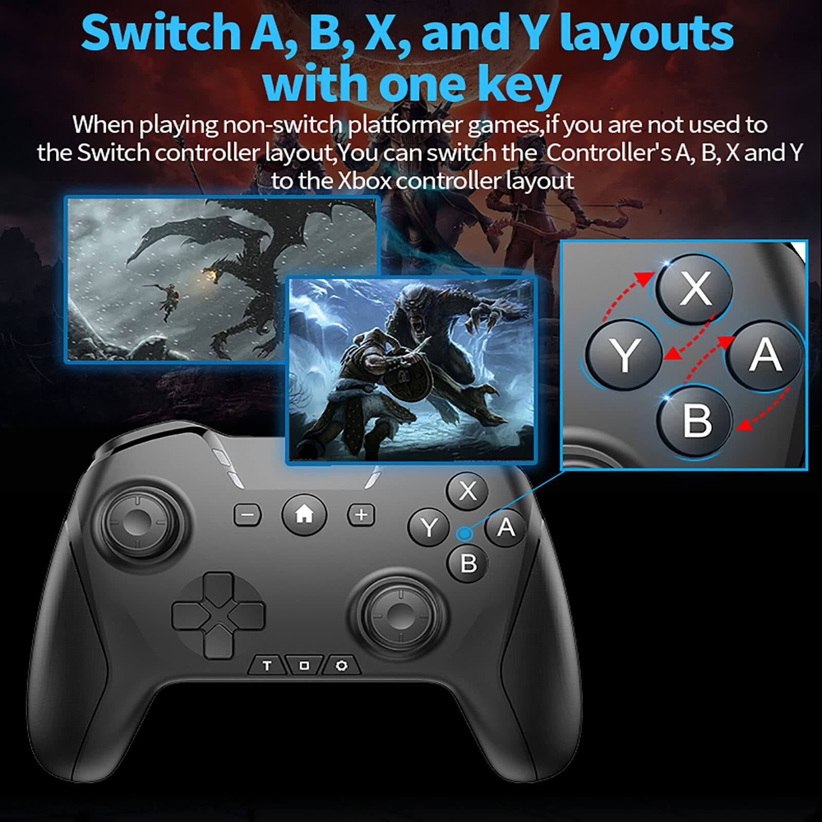 Switch A, B, X, and Y layouts with one key

When playing non-switch platformer games, if you are not used to the Switch controller layout, you can switch the Controller's A, B, X and Y to the Xbox controller layout.