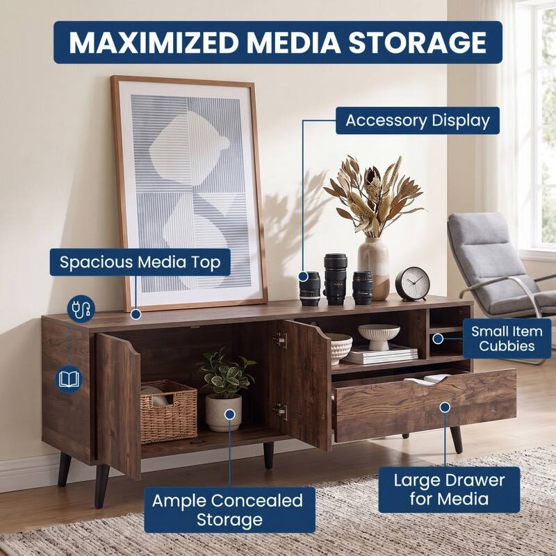MAXIMIZED MEDIA STORAGE

Accessory Display

Spacious Media Top

Small Item Cubbies

Ample Concealed Storage

Large Drawer for Media