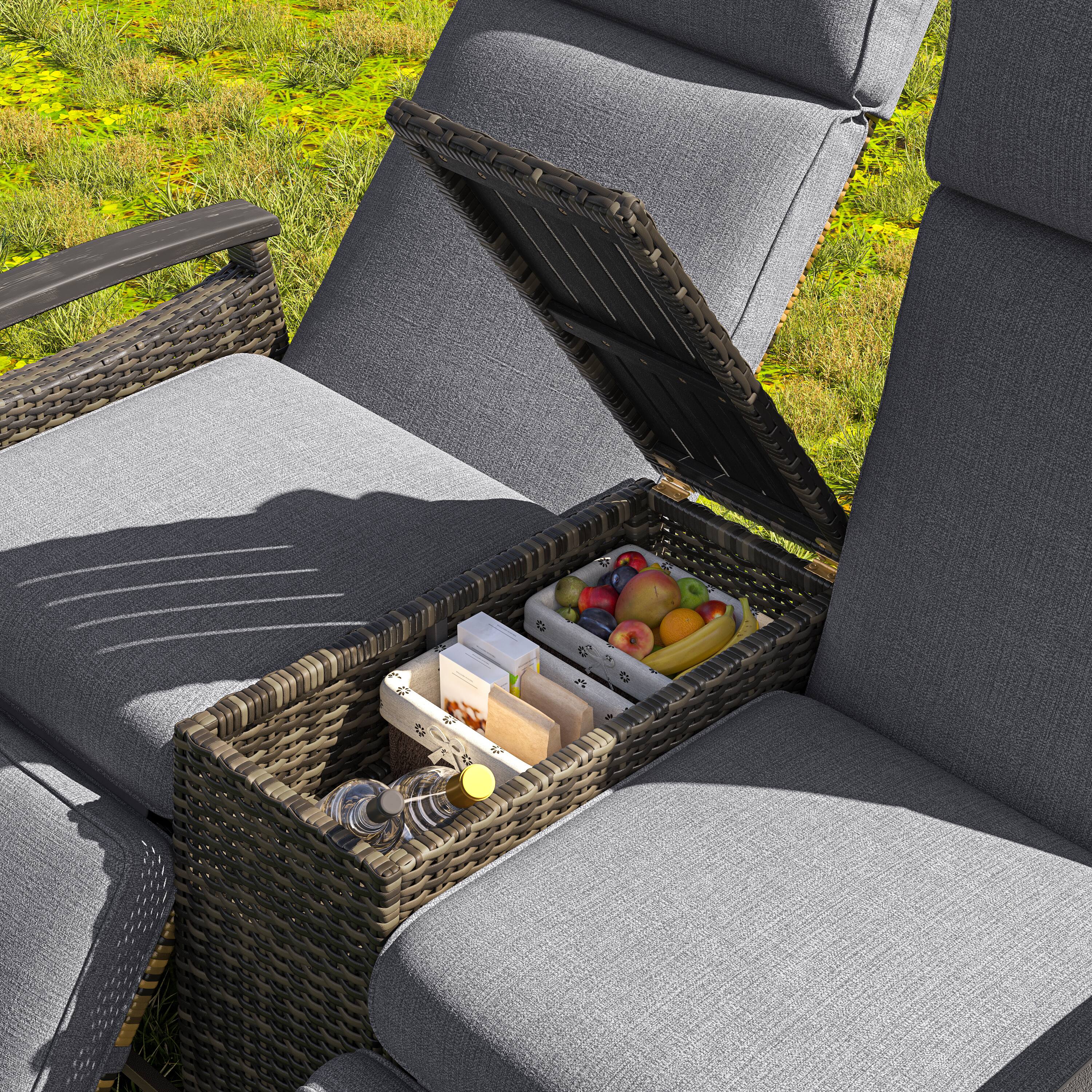 Left. Mondawe - Patio Adjustable Backrest Wicker Recliner Loveseat Chair with Acacia Wood Armrests and Built-in Storage Table - Gray.