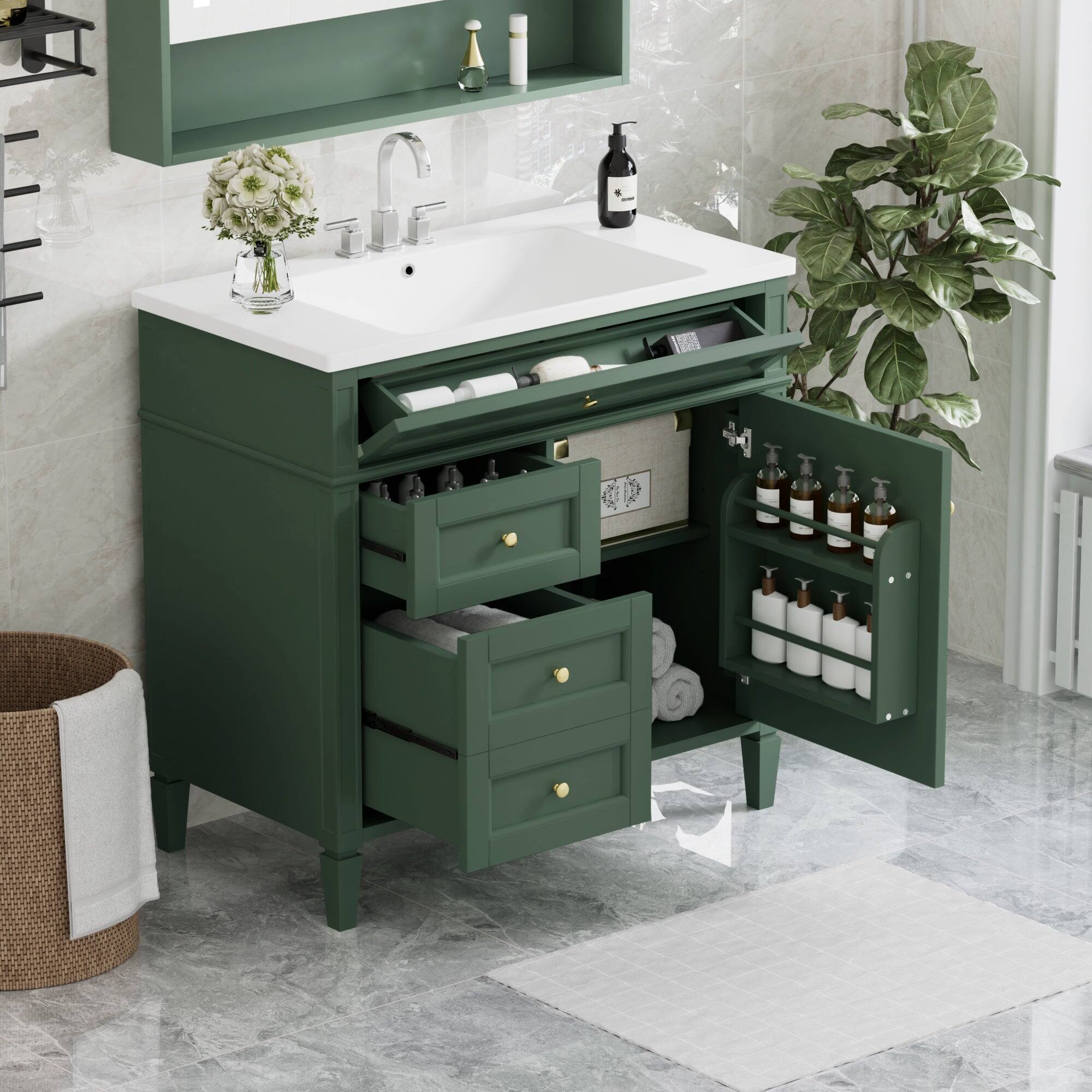 Alt View 5. Boyel Living - 36 Inch Modern Bathroom Vanity with Top Sink Two Drawers Tip Out Green - Green.