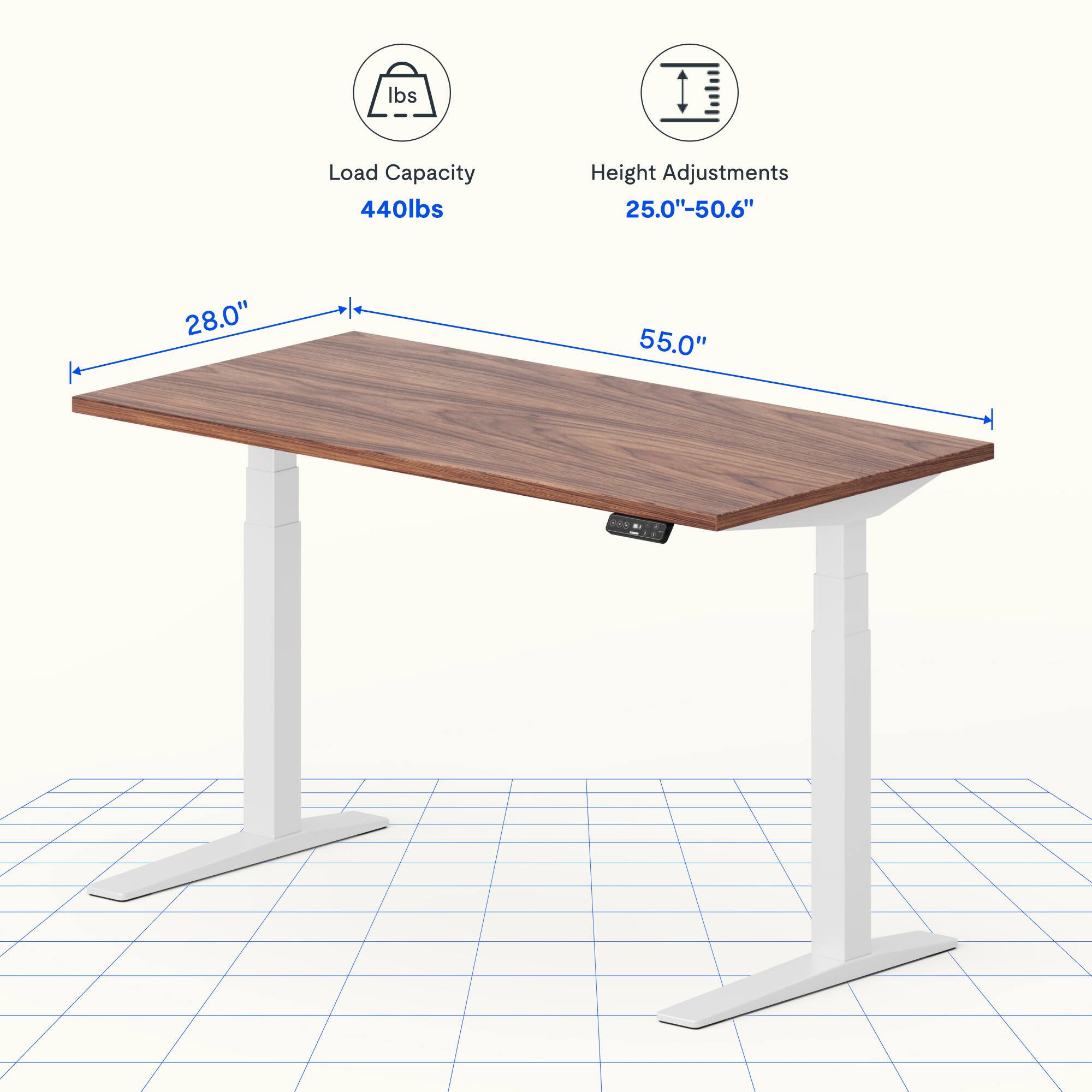 Load Capacity: 440lbs  
Height Adjustments: 25.0"-50.6"  
Table Dimensions: 28.0" x 55.0"