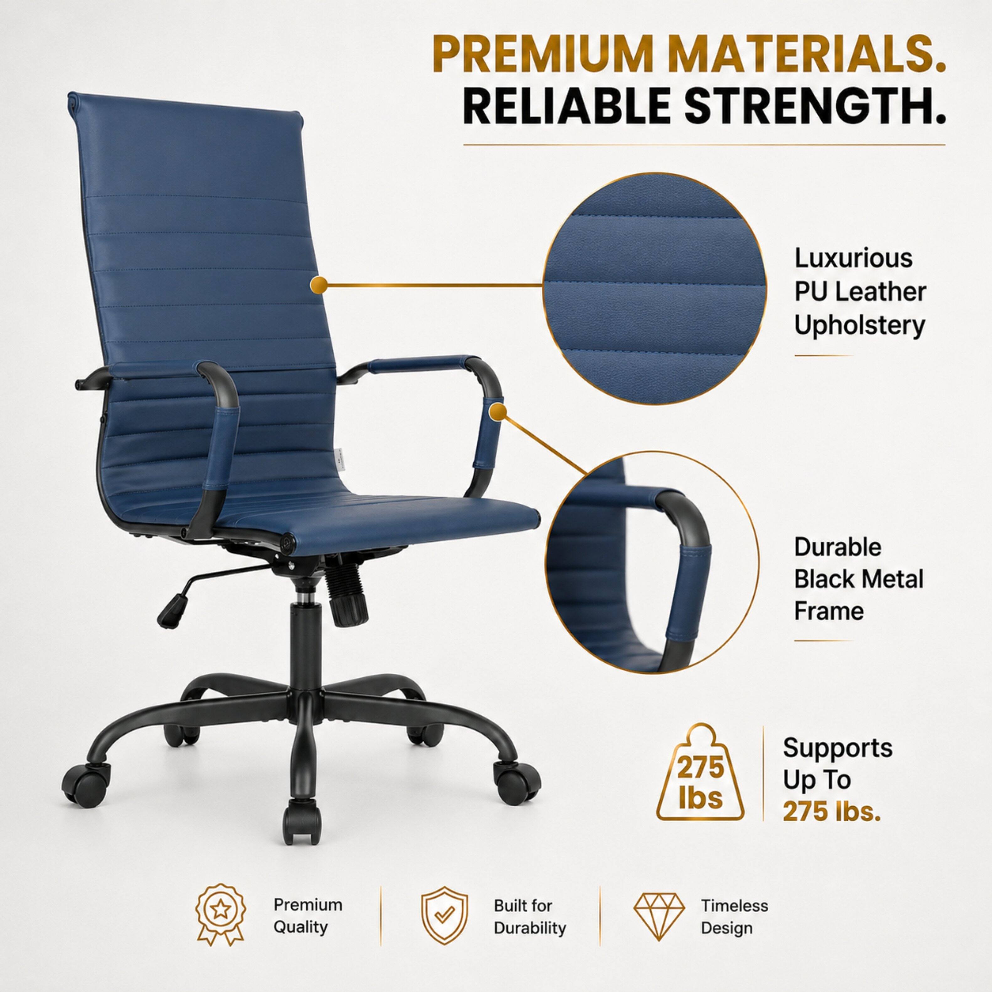 PREMIUM MATERIALS. RELIABLE STRENGTH.

Luxurious PU Leather Upholstery

Durable Black Metal Frame

Supports Up To 275 lbs.

Premium Quality

Built for Durability

Timeless Design
