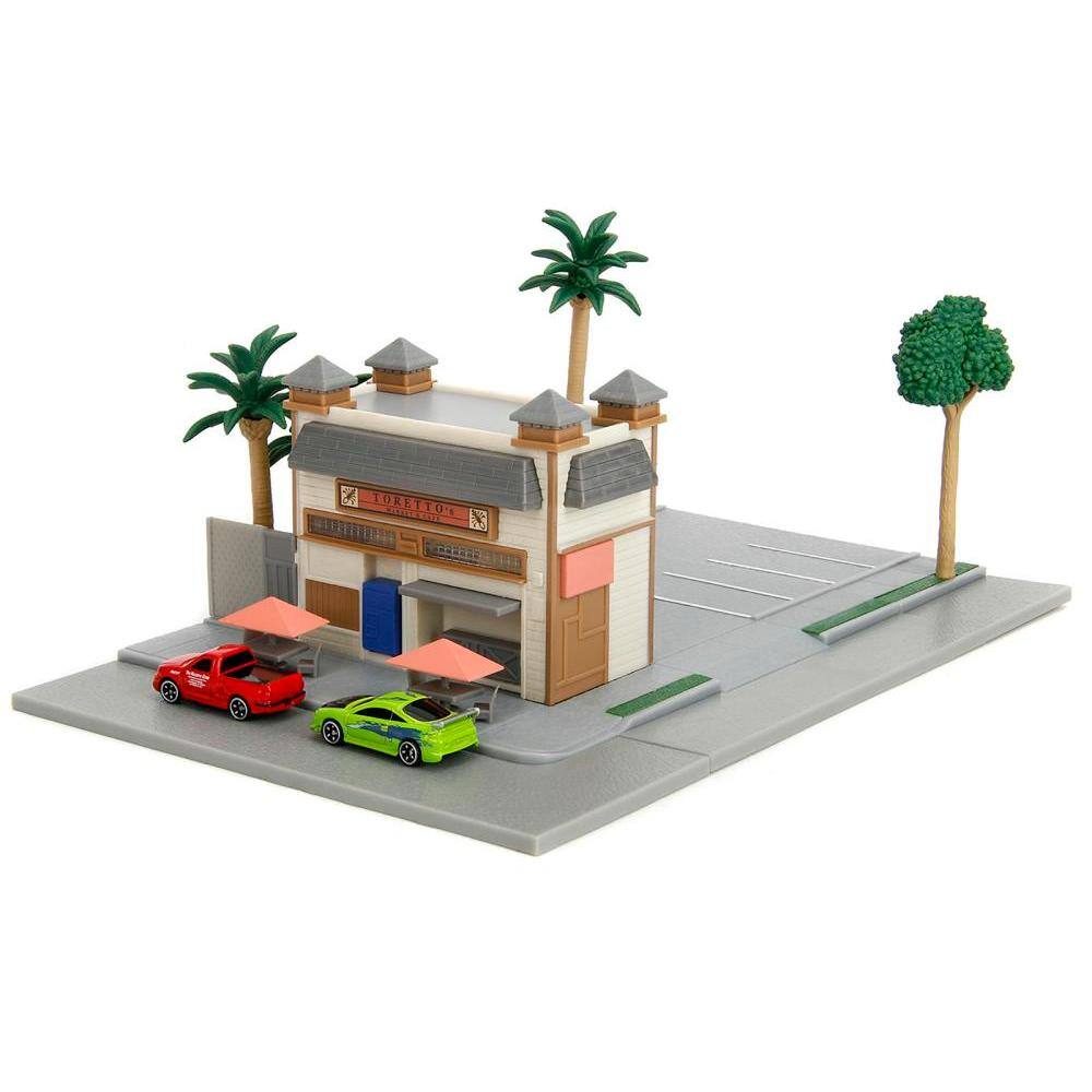 Alt View 1. Jada - Toretto Cafe Diorama with Mitsubishi Eclipse Green and Ford F-150 SVT Lightning Red "Fast and Furious" "Nano Scene" - Red, Green.