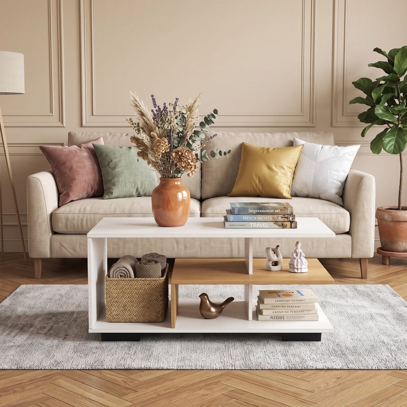WELLFOR - Modern 3 Tier Coffee Table with Open Storage Shelf, Rectangular Center Table Cocktail Table for Living Room - White