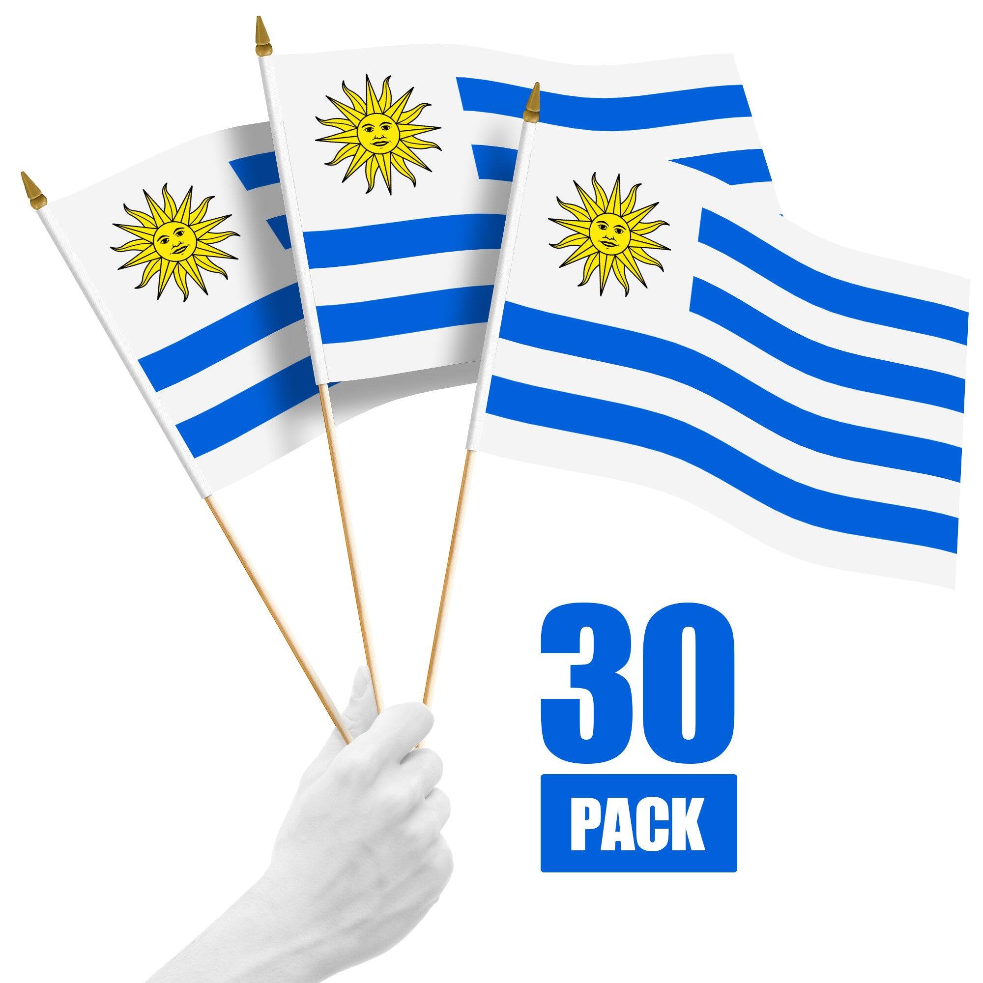 Front. G128 - 30-Pack Uruguay Handheld Flag Set — 12" x 18" 150D Polyester Stick Flags with Wooden Pole and Gold Spear Tip. - Assorted Colors.
