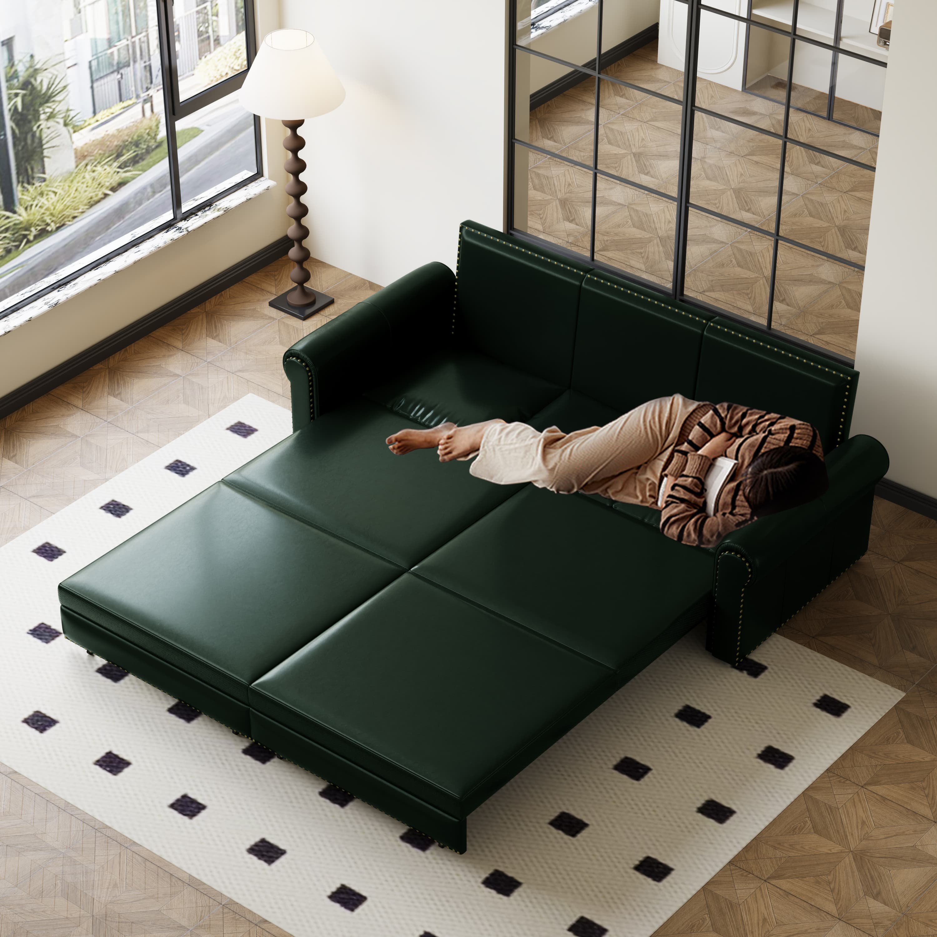 Alt View 2. Anysun - 93.7" 3-in-1 Faux Leather Convertible Sofa Bed - King Pull-Out Sleeper, Nailhead Trim & Rolled Arms for Living Room - Green.